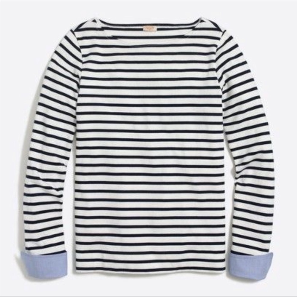 •J CREW• Navy Striped Boatneck Tee with Cuffs